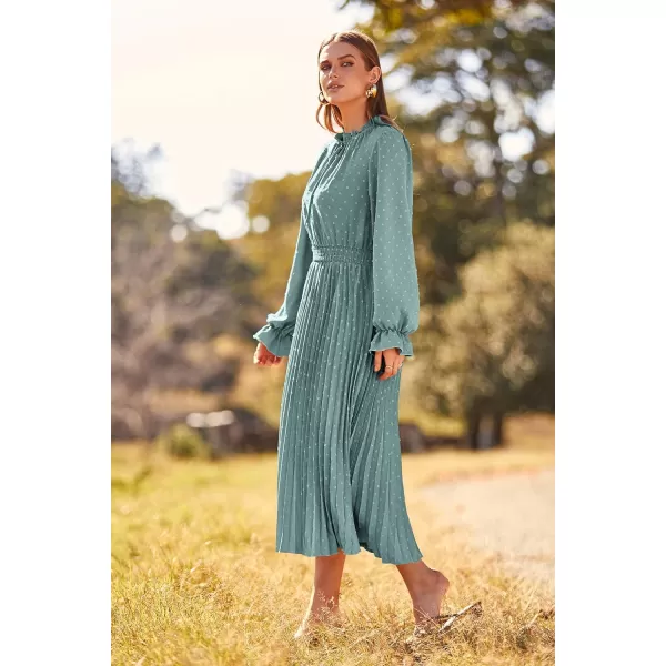 imagePRETTYGARDEN Womens 2024 Fall Midi Dress Casual Long Sleeve V Neck Swiss Dot Pleated A Line Flowy DressesGreen