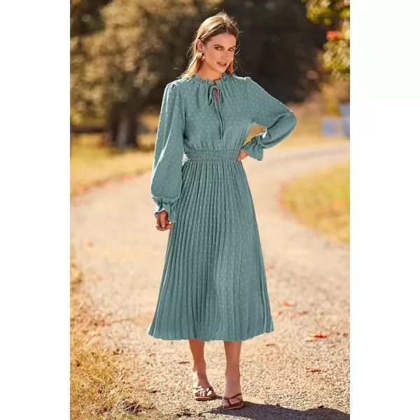 imagePRETTYGARDEN Womens 2024 Fall Midi Dress Casual Long Sleeve V Neck Swiss Dot Pleated A Line Flowy DressesGreen