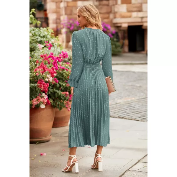 imagePRETTYGARDEN Womens 2024 Fall Midi Dress Casual Long Sleeve V Neck Swiss Dot Pleated A Line Flowy DressesGreen