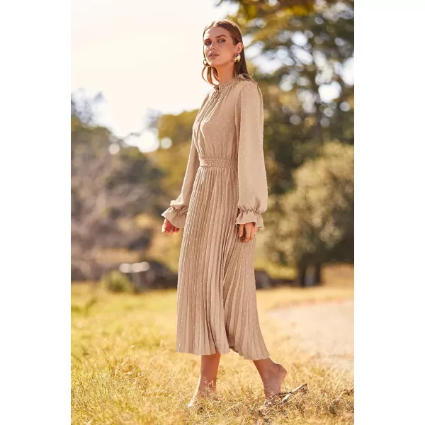 imagePRETTYGARDEN Womens 2024 Fall Midi Dress Casual Long Sleeve V Neck Swiss Dot Pleated A Line Flowy DressesKhaki