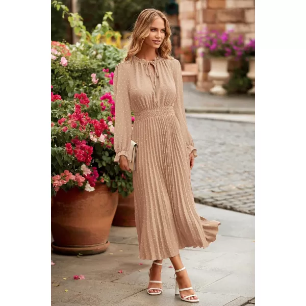 imagePRETTYGARDEN Womens 2024 Fall Midi Dress Casual Long Sleeve V Neck Swiss Dot Pleated A Line Flowy DressesKhaki