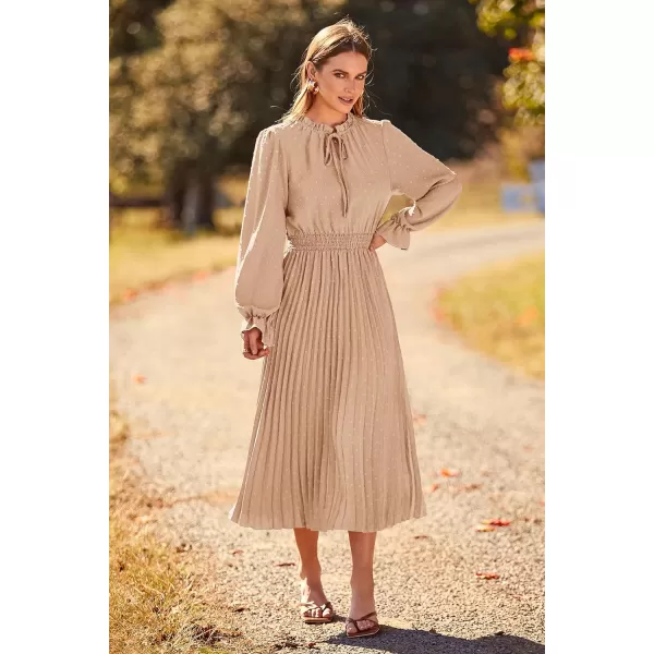 imagePRETTYGARDEN Womens 2024 Fall Midi Dress Casual Long Sleeve V Neck Swiss Dot Pleated A Line Flowy DressesKhaki