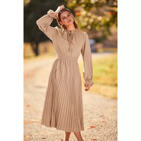 imagePRETTYGARDEN Womens 2024 Fall Midi Dress Casual Long Sleeve V Neck Swiss Dot Pleated A Line Flowy DressesKhaki