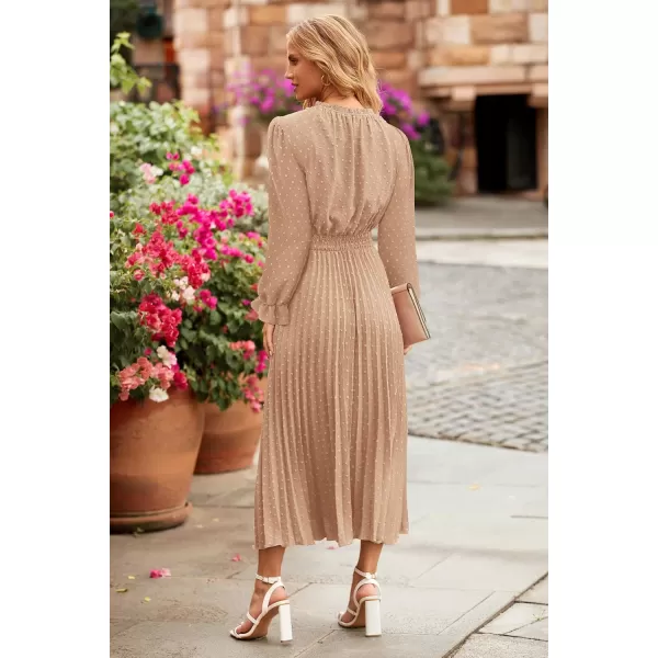 imagePRETTYGARDEN Womens 2024 Fall Midi Dress Casual Long Sleeve V Neck Swiss Dot Pleated A Line Flowy DressesKhaki