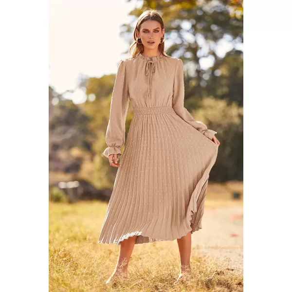 imagePRETTYGARDEN Womens 2024 Fall Midi Dress Casual Long Sleeve V Neck Swiss Dot Pleated A Line Flowy DressesKhaki