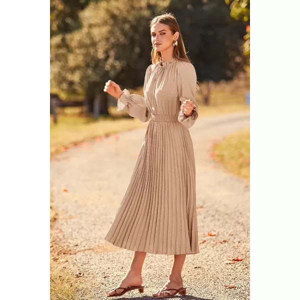 imagePRETTYGARDEN Womens 2024 Fall Midi Dress Casual Long Sleeve V Neck Swiss Dot Pleated A Line Flowy DressesKhaki