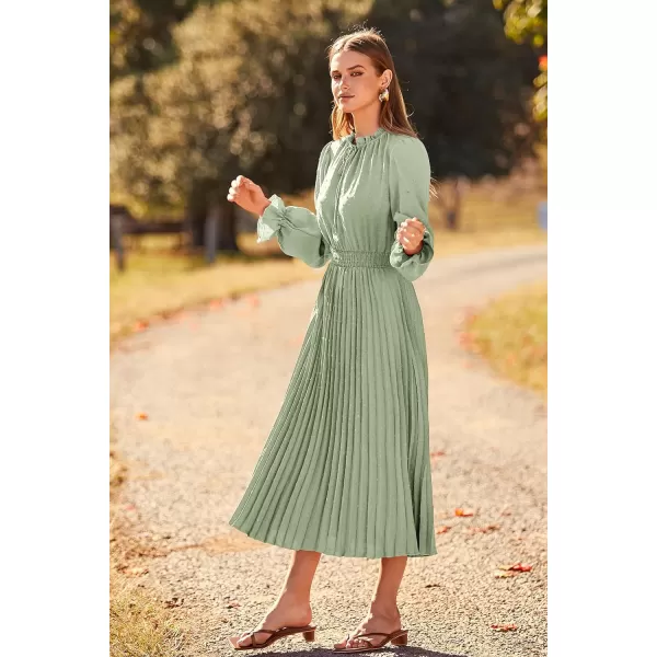 imagePRETTYGARDEN Womens 2024 Fall Midi Dress Casual Long Sleeve V Neck Swiss Dot Pleated A Line Flowy DressesLight Green