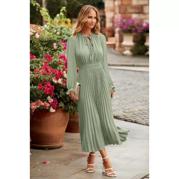 imagePRETTYGARDEN Womens 2024 Fall Midi Dress Casual Long Sleeve V Neck Swiss Dot Pleated A Line Flowy DressesLight Green