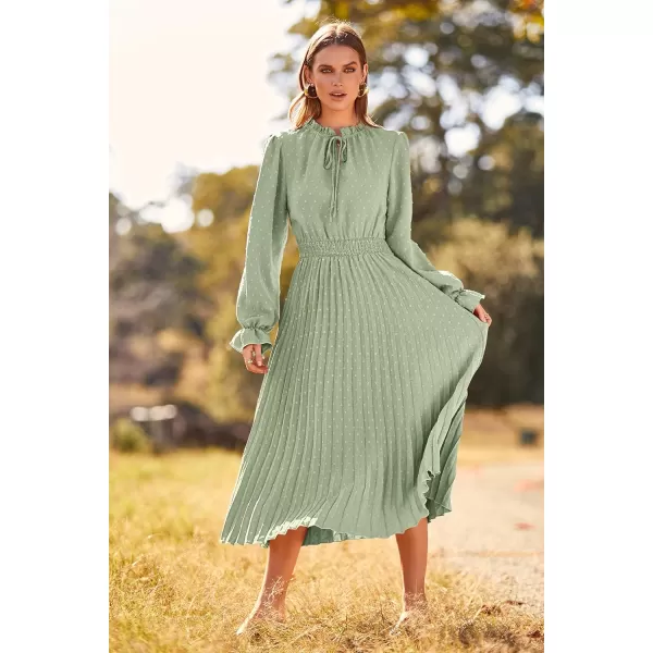 imagePRETTYGARDEN Womens 2024 Fall Midi Dress Casual Long Sleeve V Neck Swiss Dot Pleated A Line Flowy DressesLight Green