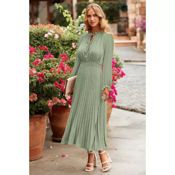 imagePRETTYGARDEN Womens 2024 Fall Midi Dress Casual Long Sleeve V Neck Swiss Dot Pleated A Line Flowy DressesLight Green