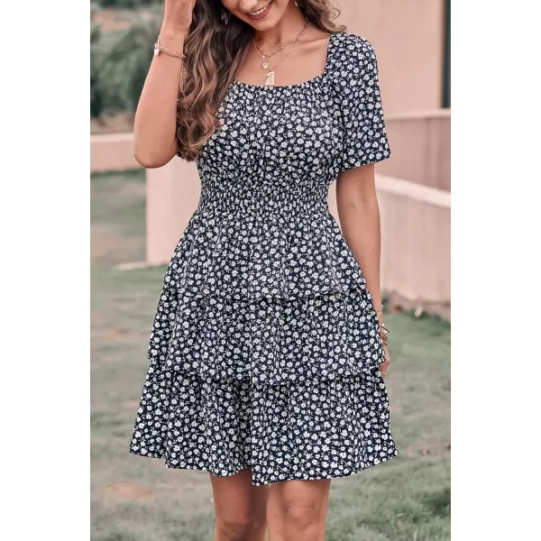 imagePRETTYGARDEN Womens 2024 Floral Summer Short Dress Square Neck Short Sleeve Tiered Ruffle Boho Swing DressesBlack