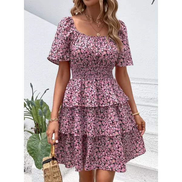 imagePRETTYGARDEN Womens 2024 Floral Summer Short Dress Square Neck Short Sleeve Tiered Ruffle Boho Swing DressesBlack Pink Floral