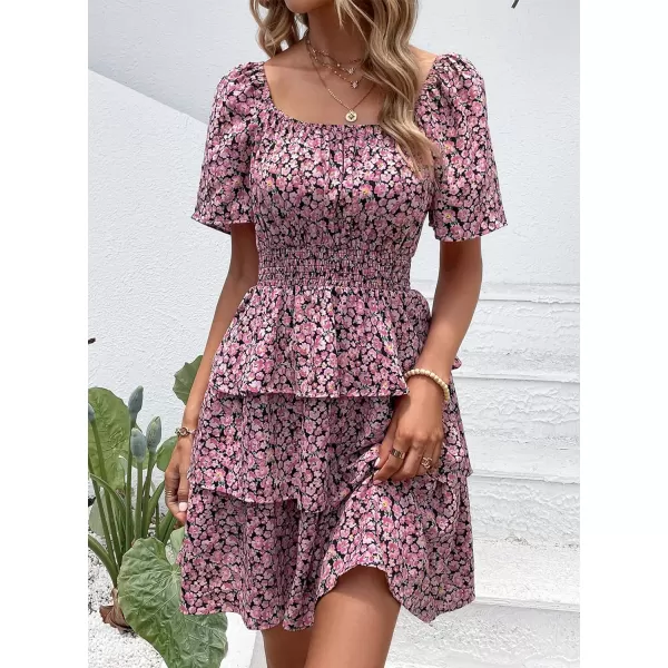 imagePRETTYGARDEN Womens 2024 Floral Summer Short Dress Square Neck Short Sleeve Tiered Ruffle Boho Swing DressesBlack Pink Floral