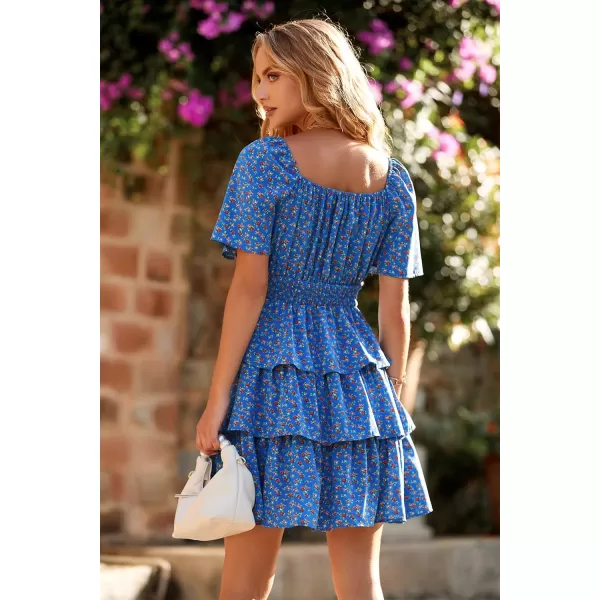 imagePRETTYGARDEN Womens 2024 Floral Summer Short Dress Square Neck Short Sleeve Tiered Ruffle Boho Swing DressesBlue