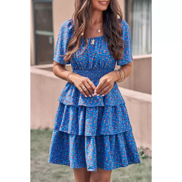 imagePRETTYGARDEN Womens 2024 Floral Summer Short Dress Square Neck Short Sleeve Tiered Ruffle Boho Swing DressesBlue