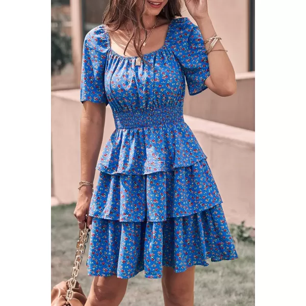 imagePRETTYGARDEN Womens 2024 Floral Summer Short Dress Square Neck Short Sleeve Tiered Ruffle Boho Swing DressesBlue