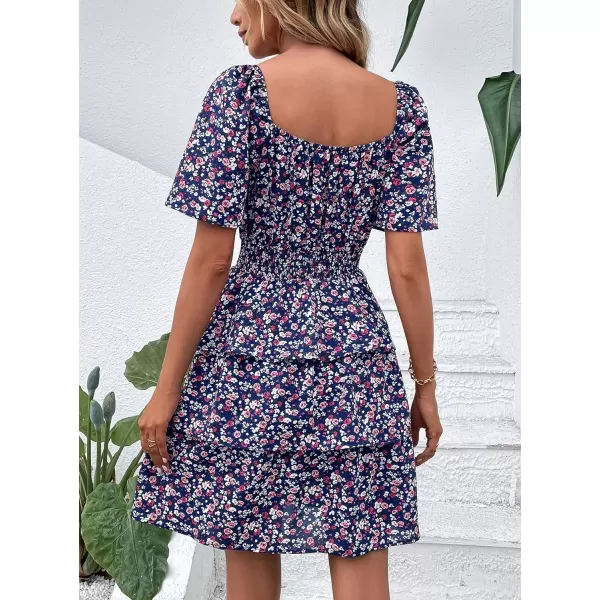 imagePRETTYGARDEN Womens 2024 Floral Summer Short Dress Square Neck Short Sleeve Tiered Ruffle Boho Swing DressesBlue Purple Floral