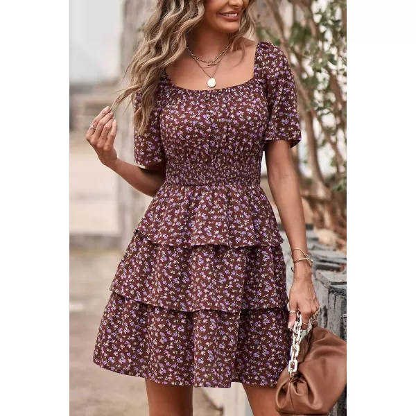 imagePRETTYGARDEN Womens 2024 Floral Summer Short Dress Square Neck Short Sleeve Tiered Ruffle Boho Swing DressesCoffee