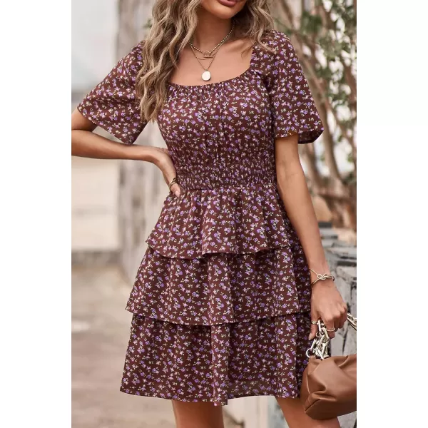 imagePRETTYGARDEN Womens 2024 Floral Summer Short Dress Square Neck Short Sleeve Tiered Ruffle Boho Swing DressesCoffee