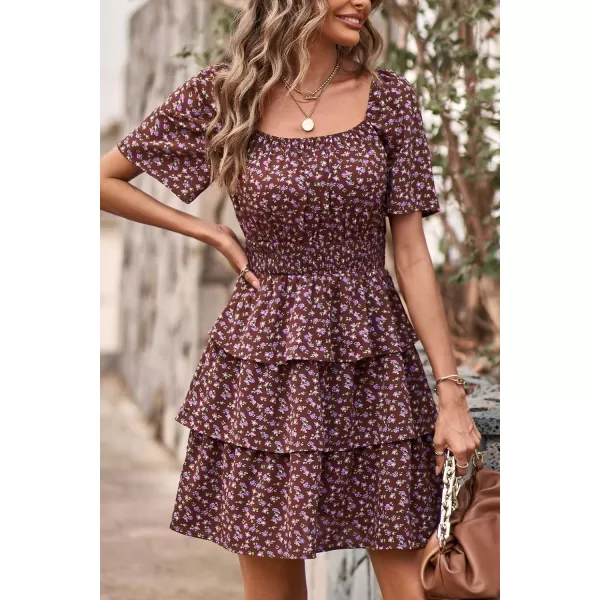 imagePRETTYGARDEN Womens 2024 Floral Summer Short Dress Square Neck Short Sleeve Tiered Ruffle Boho Swing DressesCoffee