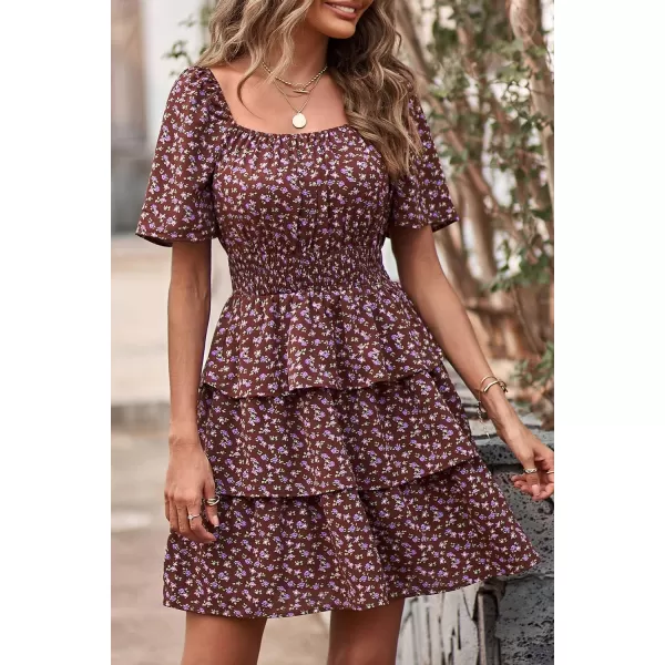 imagePRETTYGARDEN Womens 2024 Floral Summer Short Dress Square Neck Short Sleeve Tiered Ruffle Boho Swing DressesCoffee
