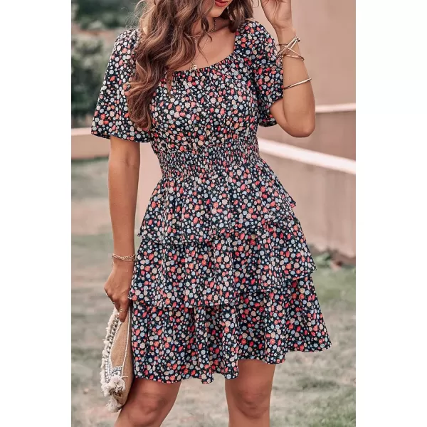 imagePRETTYGARDEN Womens 2024 Floral Summer Short Dress Square Neck Short Sleeve Tiered Ruffle Boho Swing DressesFloral Black Red