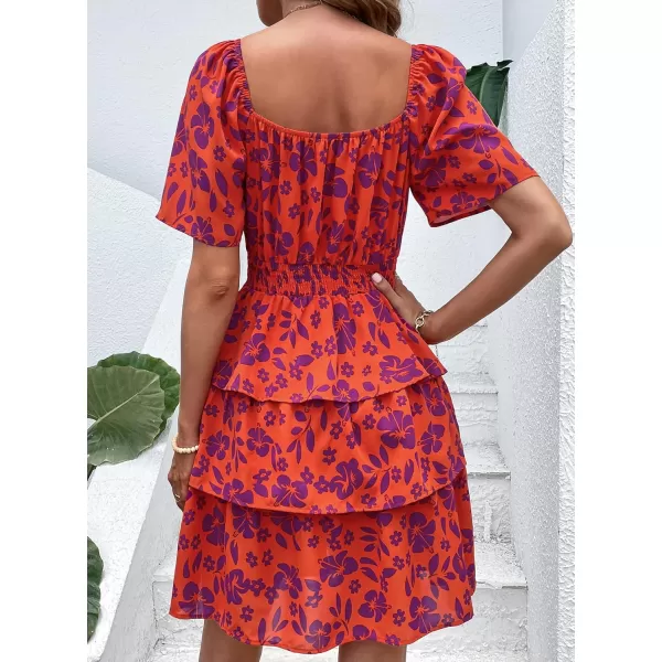 imagePRETTYGARDEN Womens 2024 Floral Summer Short Dress Square Neck Short Sleeve Tiered Ruffle Boho Swing DressesOrange Purple Floral