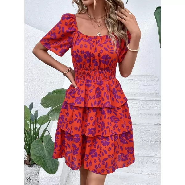 imagePRETTYGARDEN Womens 2024 Floral Summer Short Dress Square Neck Short Sleeve Tiered Ruffle Boho Swing DressesOrange Purple Floral
