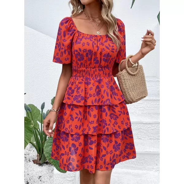 imagePRETTYGARDEN Womens 2024 Floral Summer Short Dress Square Neck Short Sleeve Tiered Ruffle Boho Swing DressesOrange Purple Floral