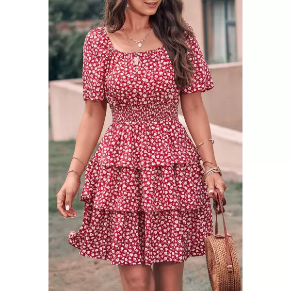 imagePRETTYGARDEN Womens 2024 Floral Summer Short Dress Square Neck Short Sleeve Tiered Ruffle Boho Swing DressesRed