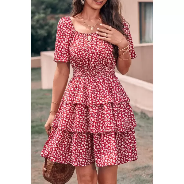 imagePRETTYGARDEN Womens 2024 Floral Summer Short Dress Square Neck Short Sleeve Tiered Ruffle Boho Swing DressesRed