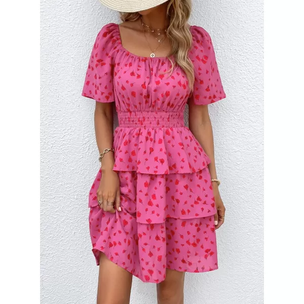 imagePRETTYGARDEN Womens 2024 Floral Summer Short Dress Square Neck Short Sleeve Tiered Ruffle Boho Swing DressesRed Floral