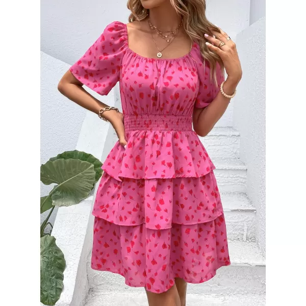 imagePRETTYGARDEN Womens 2024 Floral Summer Short Dress Square Neck Short Sleeve Tiered Ruffle Boho Swing DressesRed Floral