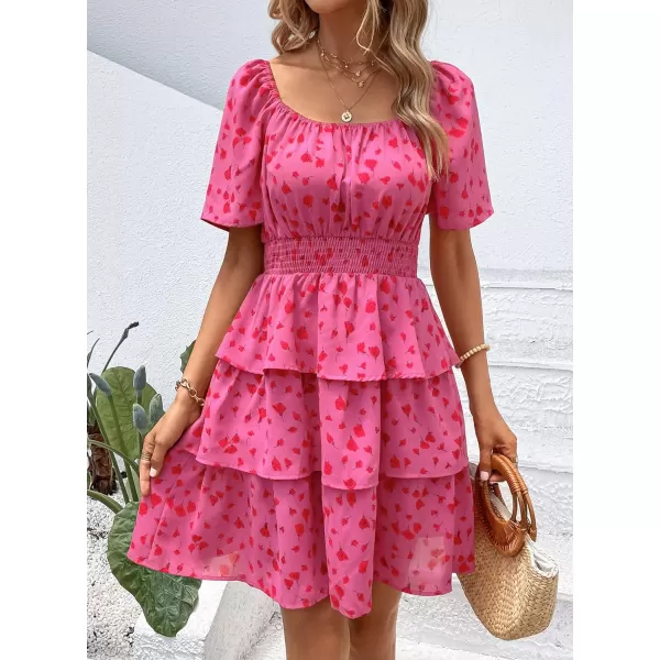 imagePRETTYGARDEN Womens 2024 Floral Summer Short Dress Square Neck Short Sleeve Tiered Ruffle Boho Swing DressesRed Floral