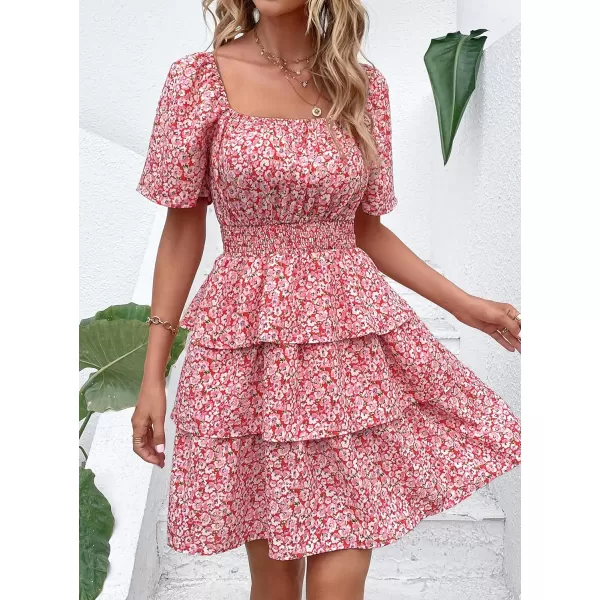 imagePRETTYGARDEN Womens 2024 Floral Summer Short Dress Square Neck Short Sleeve Tiered Ruffle Boho Swing DressesRed Pink Floral