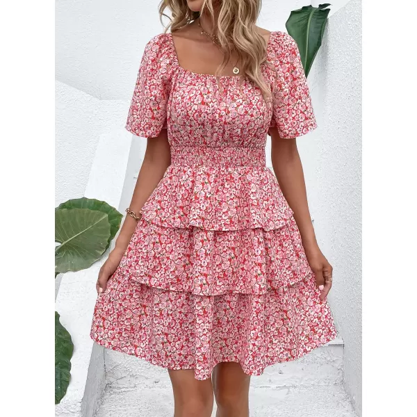 imagePRETTYGARDEN Womens 2024 Floral Summer Short Dress Square Neck Short Sleeve Tiered Ruffle Boho Swing DressesRed Pink Floral