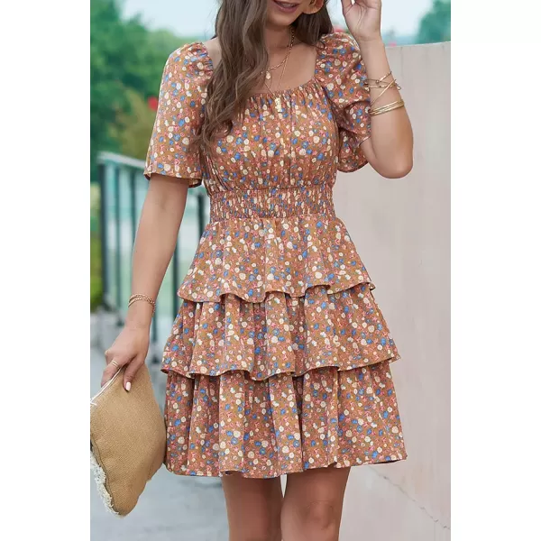 imagePRETTYGARDEN Womens 2024 Floral Summer Short Dress Square Neck Short Sleeve Tiered Ruffle Boho Swing DressesTurmeric