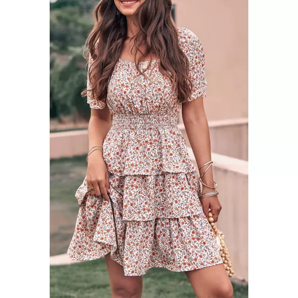 imagePRETTYGARDEN Womens 2024 Floral Summer Short Dress Square Neck Short Sleeve Tiered Ruffle Boho Swing DressesWhite