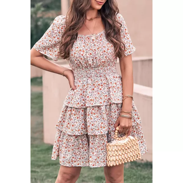 imagePRETTYGARDEN Womens 2024 Floral Summer Short Dress Square Neck Short Sleeve Tiered Ruffle Boho Swing DressesWhite