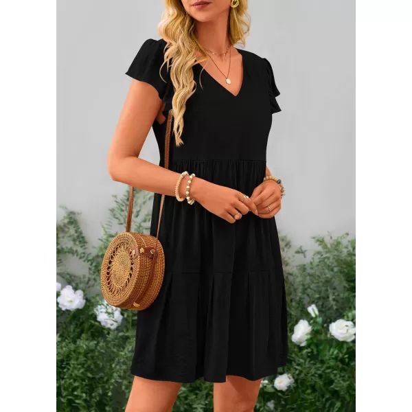 imagePRETTYGARDEN Womens 2024 Summer Casual Short Dress Cap Sleeve V Neck Tiered Ruffle Swing A Line DressesBlack