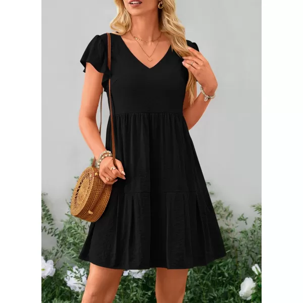 imagePRETTYGARDEN Womens 2024 Summer Casual Short Dress Cap Sleeve V Neck Tiered Ruffle Swing A Line DressesBlack