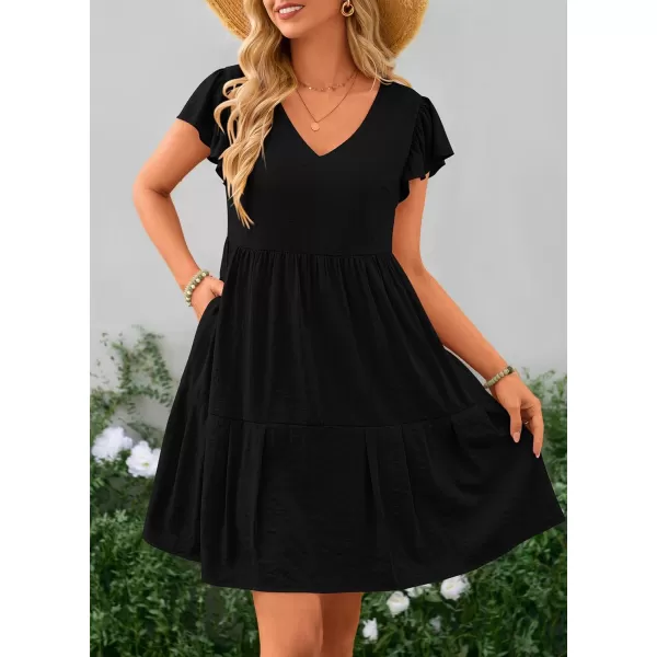 imagePRETTYGARDEN Womens 2024 Summer Casual Short Dress Cap Sleeve V Neck Tiered Ruffle Swing A Line DressesBlack