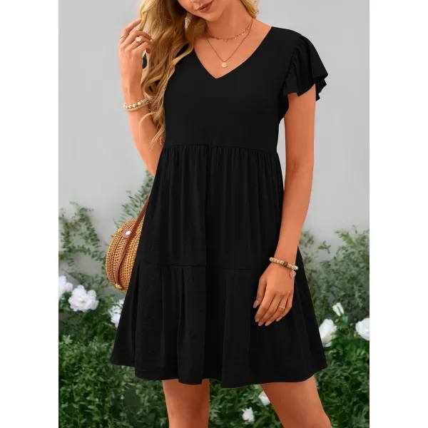 imagePRETTYGARDEN Womens 2024 Summer Casual Short Dress Cap Sleeve V Neck Tiered Ruffle Swing A Line DressesBlack