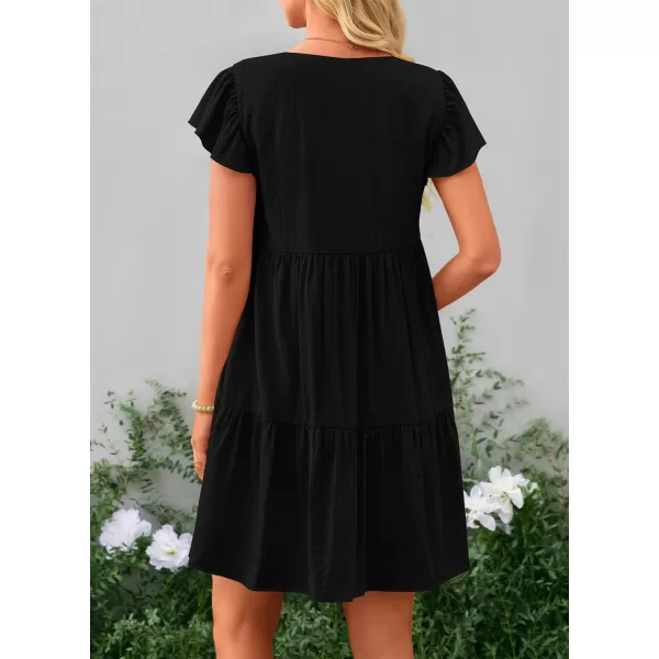imagePRETTYGARDEN Womens 2024 Summer Casual Short Dress Cap Sleeve V Neck Tiered Ruffle Swing A Line DressesBlack