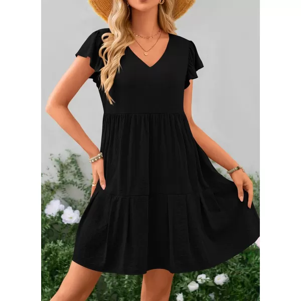 imagePRETTYGARDEN Womens 2024 Summer Casual Short Dress Cap Sleeve V Neck Tiered Ruffle Swing A Line DressesBlack