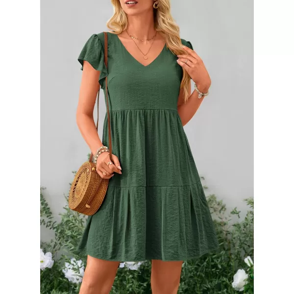imagePRETTYGARDEN Womens 2024 Summer Casual Short Dress Cap Sleeve V Neck Tiered Ruffle Swing A Line DressesGreen