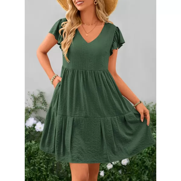 imagePRETTYGARDEN Womens 2024 Summer Casual Short Dress Cap Sleeve V Neck Tiered Ruffle Swing A Line DressesGreen