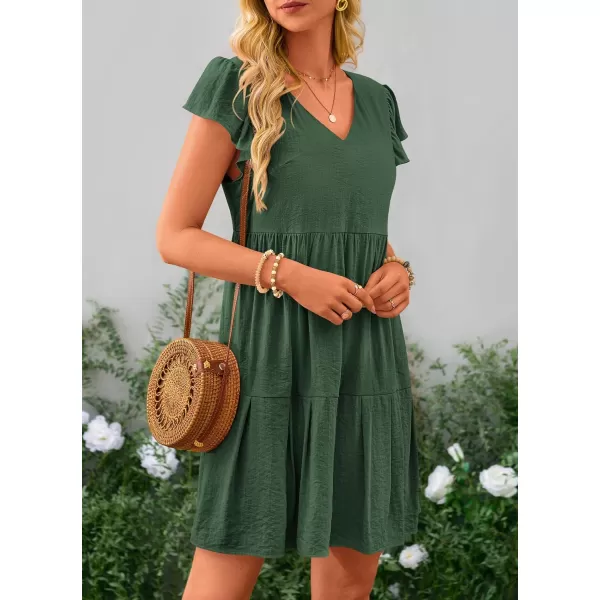 imagePRETTYGARDEN Womens 2024 Summer Casual Short Dress Cap Sleeve V Neck Tiered Ruffle Swing A Line DressesGreen
