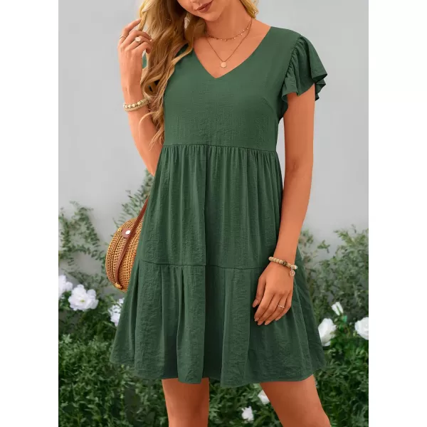 imagePRETTYGARDEN Womens 2024 Summer Casual Short Dress Cap Sleeve V Neck Tiered Ruffle Swing A Line DressesGreen