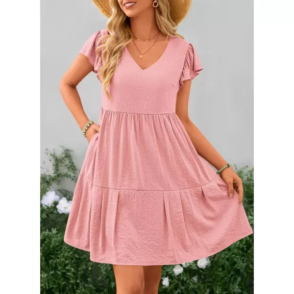 imagePRETTYGARDEN Womens 2024 Summer Casual Short Dress Cap Sleeve V Neck Tiered Ruffle Swing A Line DressesPink